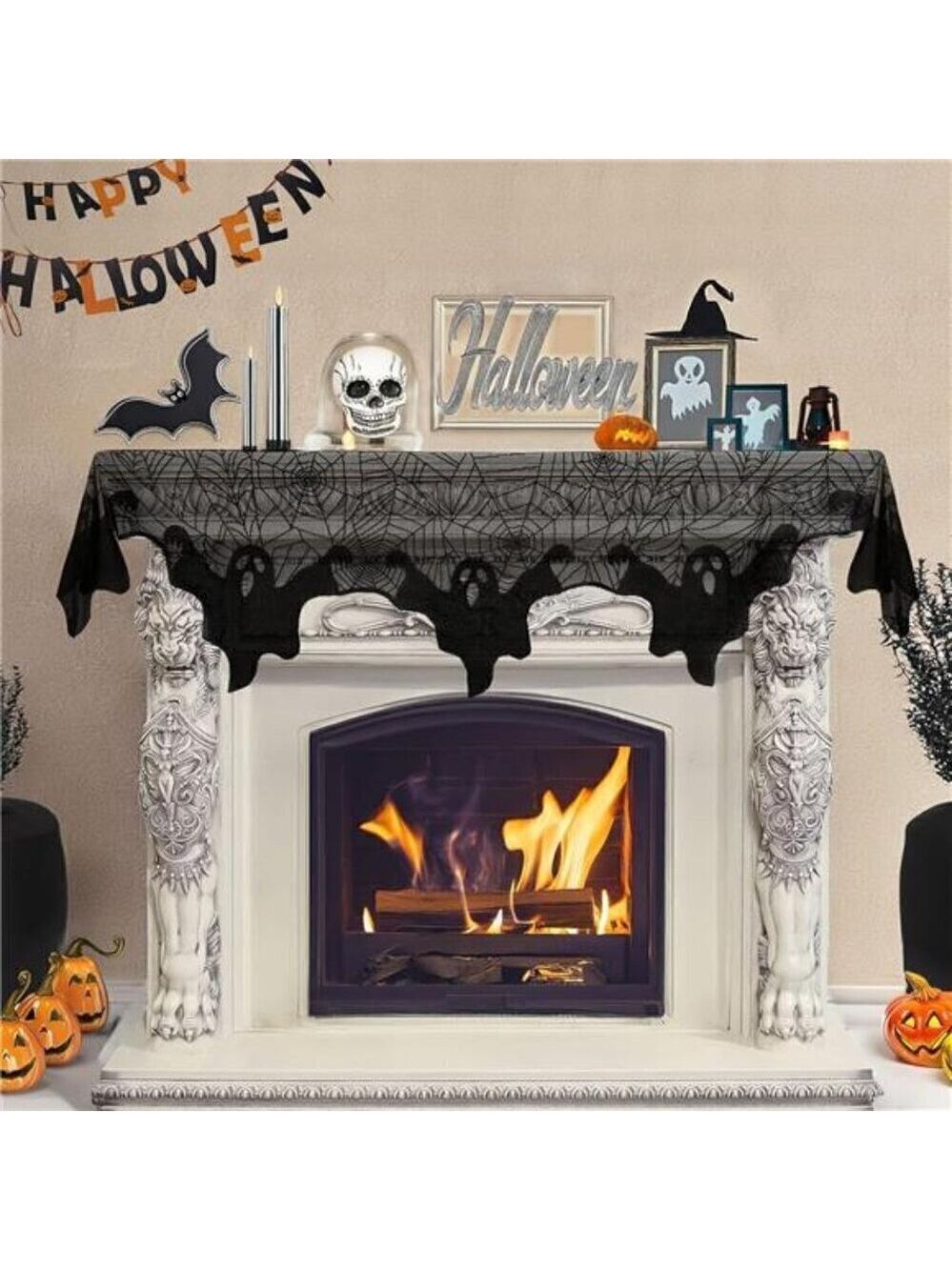 Halloween Decorations Indoor Fireplace Mantel Scarf, Black Lace Ghost Spiderweb